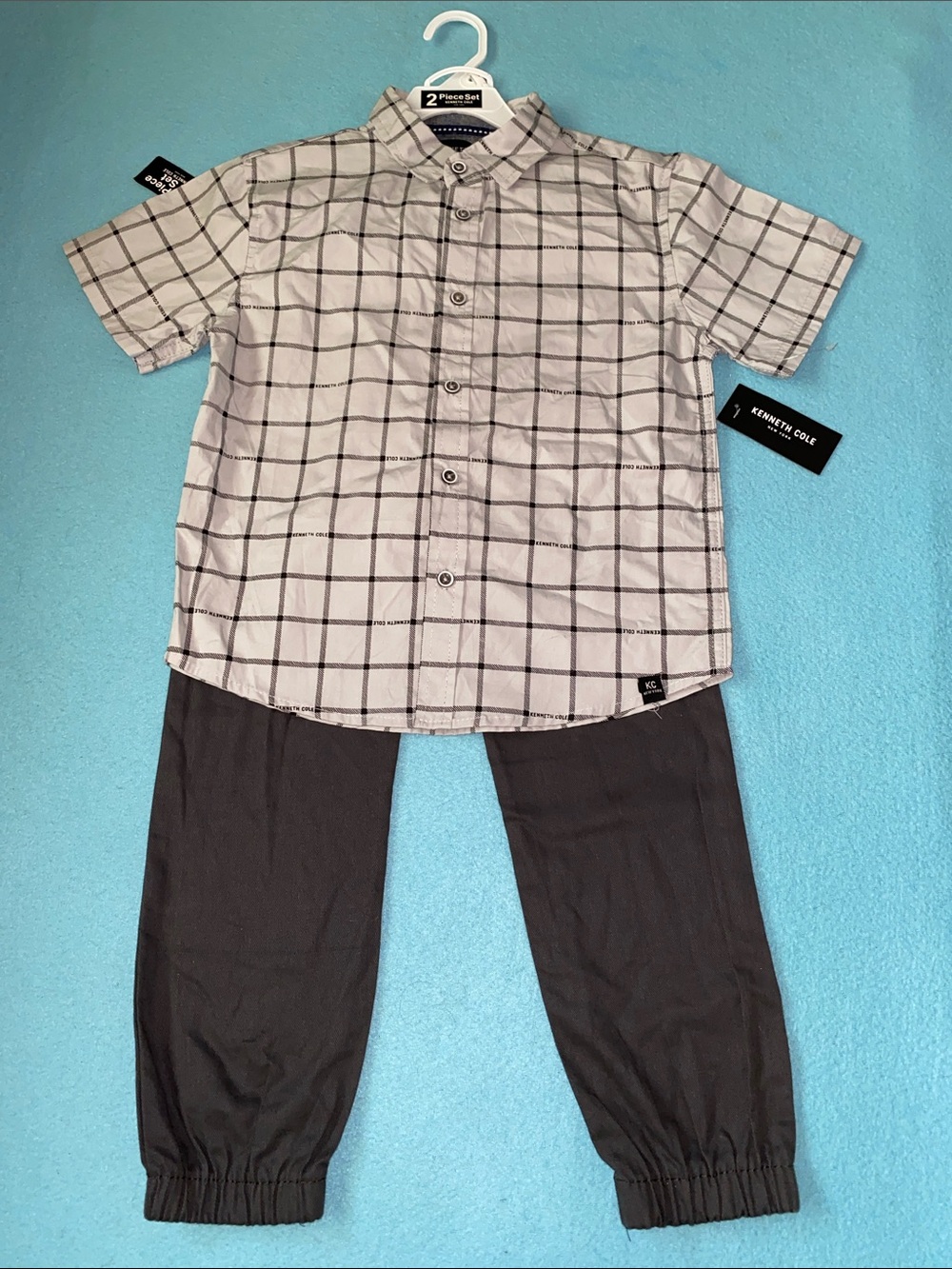 KENNETH COLE 2 pc pant and plaid short sleeve button up shirt set NEW size 7